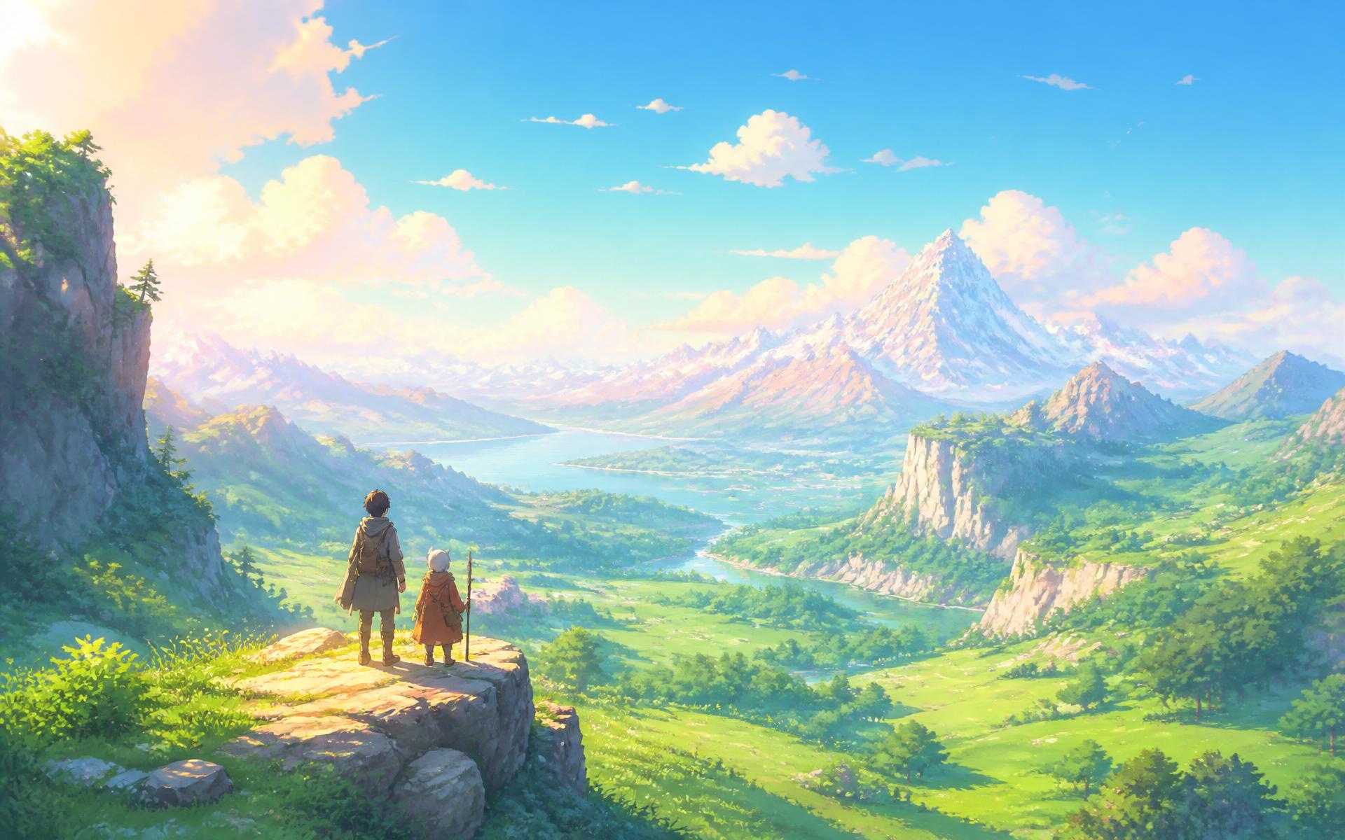 A lone traveler looking out over a misty mountain range at dawn